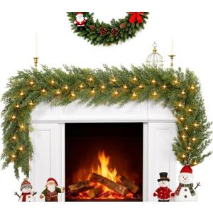 6.5FT Real Touch Christmas Garland with Lights & Timer, Realistic Lighted Green Cedar Garland Battery Operated, Lush Pine Needle Cypress Garland for Mantle, Table, Fireplace, Stairs Railing, Door