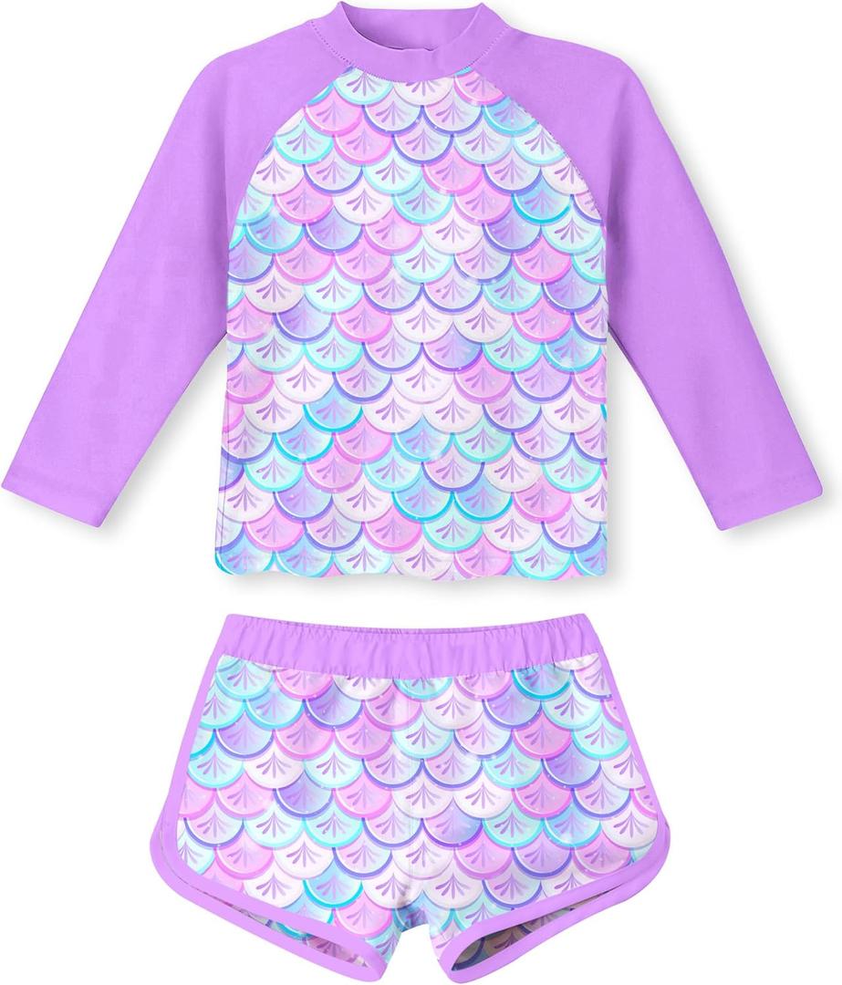 Vogseek Girls Rash Guard Two Pieces Swimsuit Long Sleeve Bathing Suit for 3-10 Years (7-8 Years, D-purple Blue)