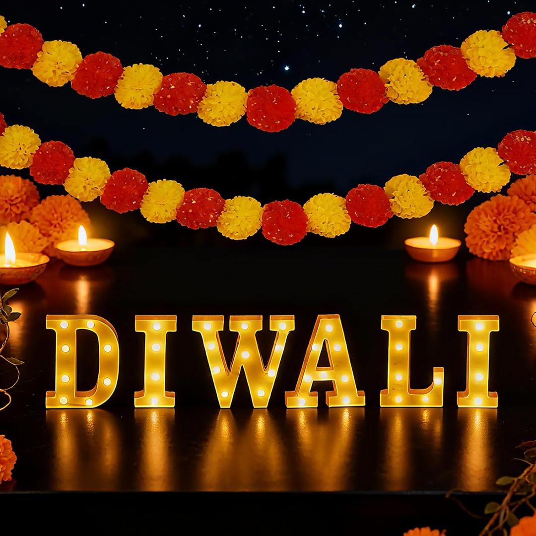 7 Pcs Diwali Light Letters with Artificial Marigold Flowers String Letters Diwali Battery Powered Sign Diwali Decor for Indian Home Table Decoration