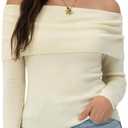 Women's Autumn Sweater, 2026 Casual Long Sleeve Off-The-Shoulder Strapless Knitted Sweater, Pullover Sweater (Beige, L)