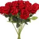 uxcell 12 Pcs Bright Red Roses Artificial Flowers, Velvet Rose Real Touch Fake Roses with Stems for Home Decor Wedding Bouquet Hotel Office Decor
