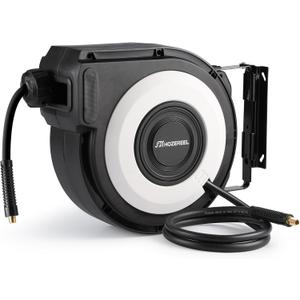 Enclosed Retractable Air Hose Reel, 3/8 Inch x 50+5 Ft Hybrid Hose Air Compressor Hose Reel in Max 300 PSI Design, 180Swivel Bracket Quick Coupler