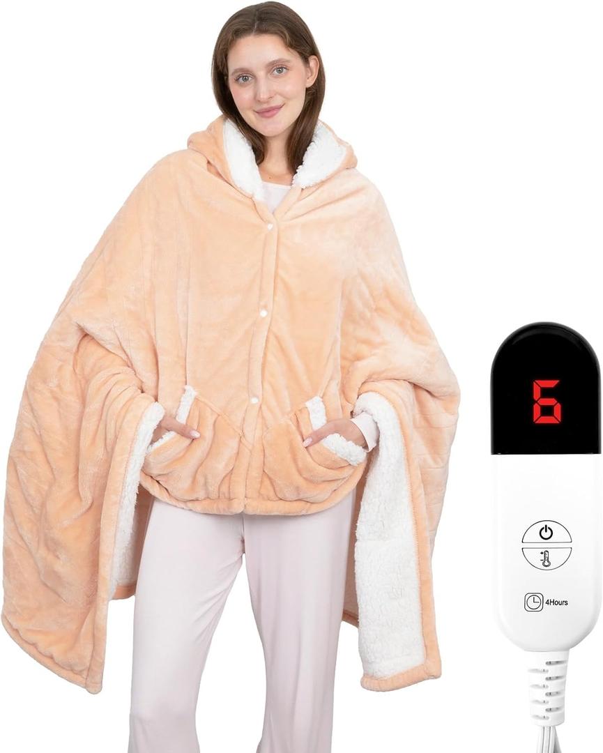 Wearable Heated Throw Blanket, Electric Heated Wrap Poncho Shawl & Hoodies with Pockets, 7 Heating Levels & 4 Hours Time Settings, Machine Washable with ETL Certification 40" x 70", Beige