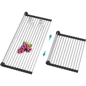 Extra Large Expandable Roll Up Dish Drying Rack,Over The Sink Drying Rack Sink Cover Kitchen Sink Accessories Kitchen Rolling up Stainless Steel Drainer, Foldable,RollableBlack22.8''-12.4''