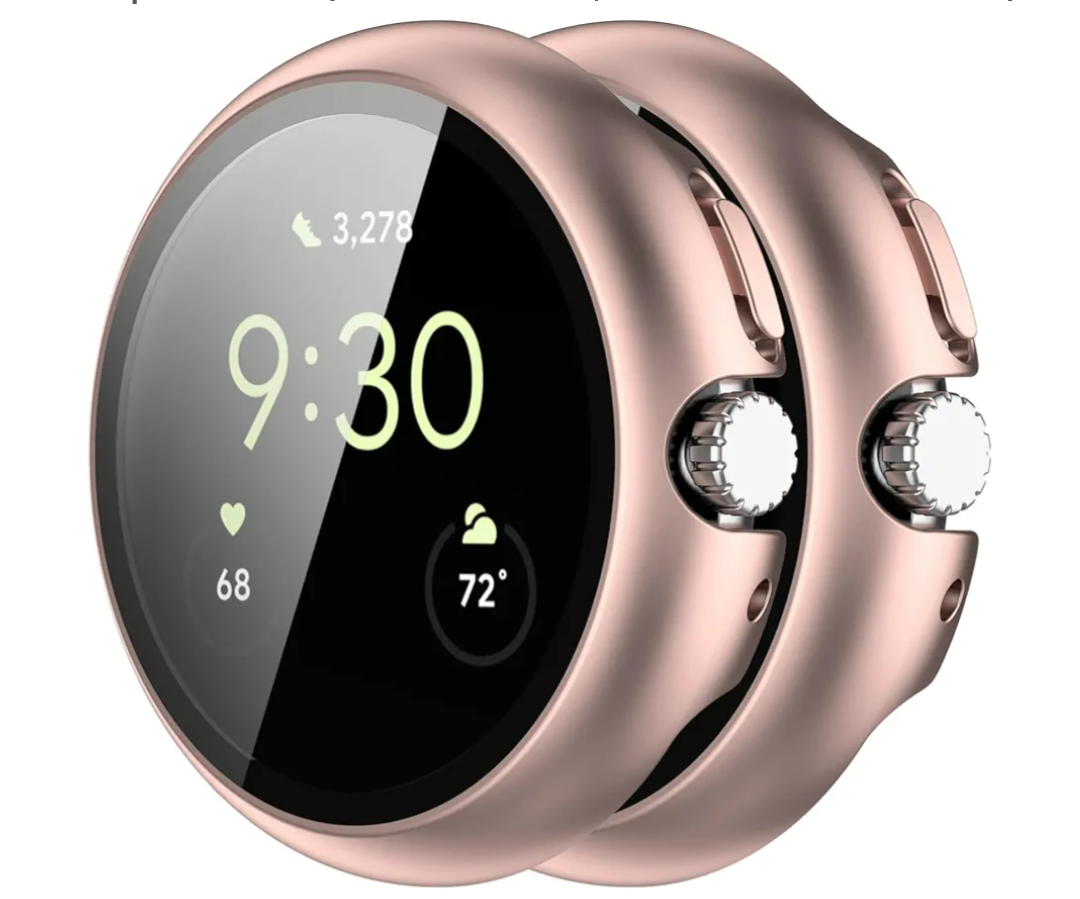 HANKN 2 Pack Hard Case for Google Pixel Watch 4 45mm Tempered Glass Screen Protector Case, Overall Protective Ultrathin Bumper Cover (Rose Gold x 2, Pixel Watch 4 45mm) [Can't Charge with Case]