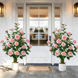 2 Pack 38" Artificial Camellia Tree, Artificial Plants Outdoor Faux Plants in Pot, Artificial Flower for Outdoors Front Porch Decor, Fake Tree Plant Faux Flowers for Indoor Outdoor Home Decor, Pink
