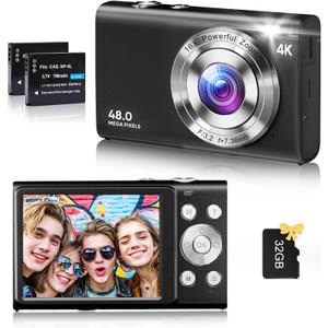 Digital Camera, 4K Vlogging Camera for YouTube Autofocus 48MP UHD Cameras for Photography with Anti-Shake, 16X Digital Zoom Point and Shoot Digital Camera with 32GB Card for Teens Adult Beginner-Black
