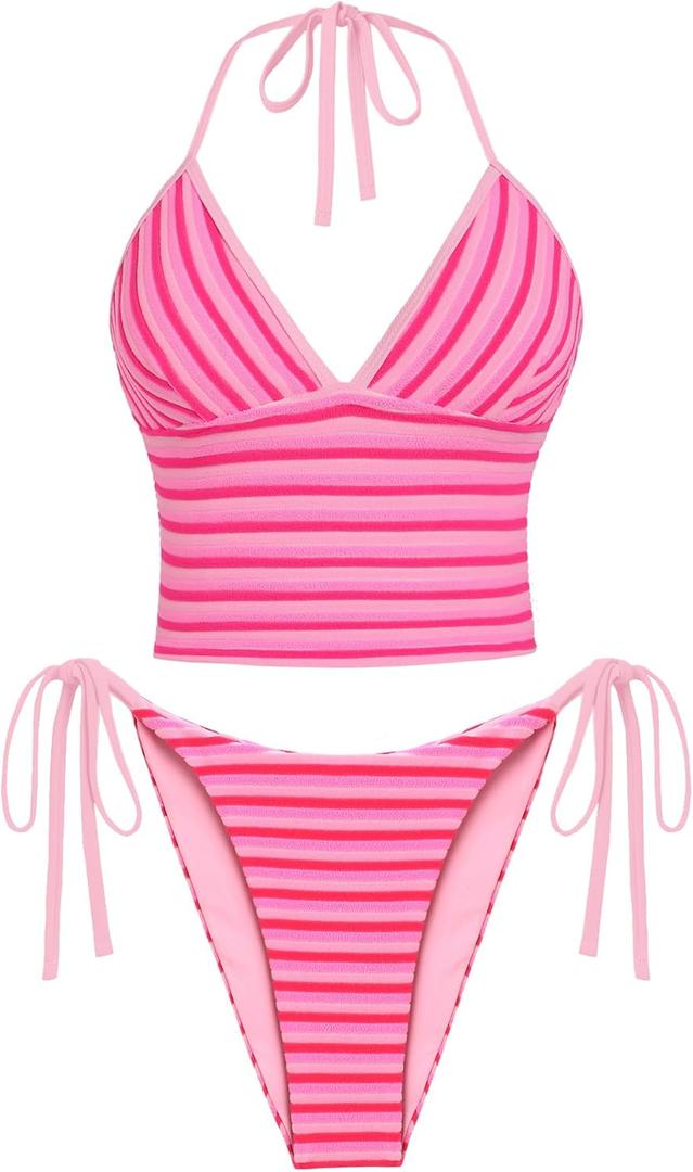 ZAFUL Striped Swim Suits for Women 2025 Halter V Neck Tankini Sets Terry Bikini High Cut Tie Side Thong Bathing Suit (Pink, S)