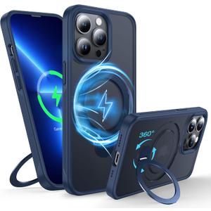 360Rotatable Magnetic Ring for iPhone 13 Pro Case Compatible with MagSafe [Built-in Kickstand] [Military Shockproof] [Non-Slip Texture Edge] Slim Translucent Matte Soft Silicone Bumper,Blue