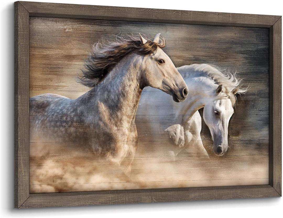 Framed Horse Wall Art Picture: Two Horses Art Running Horse Painting Horse Artwork Painted Wood for Bedroom(12x16) (16L" x 12W")