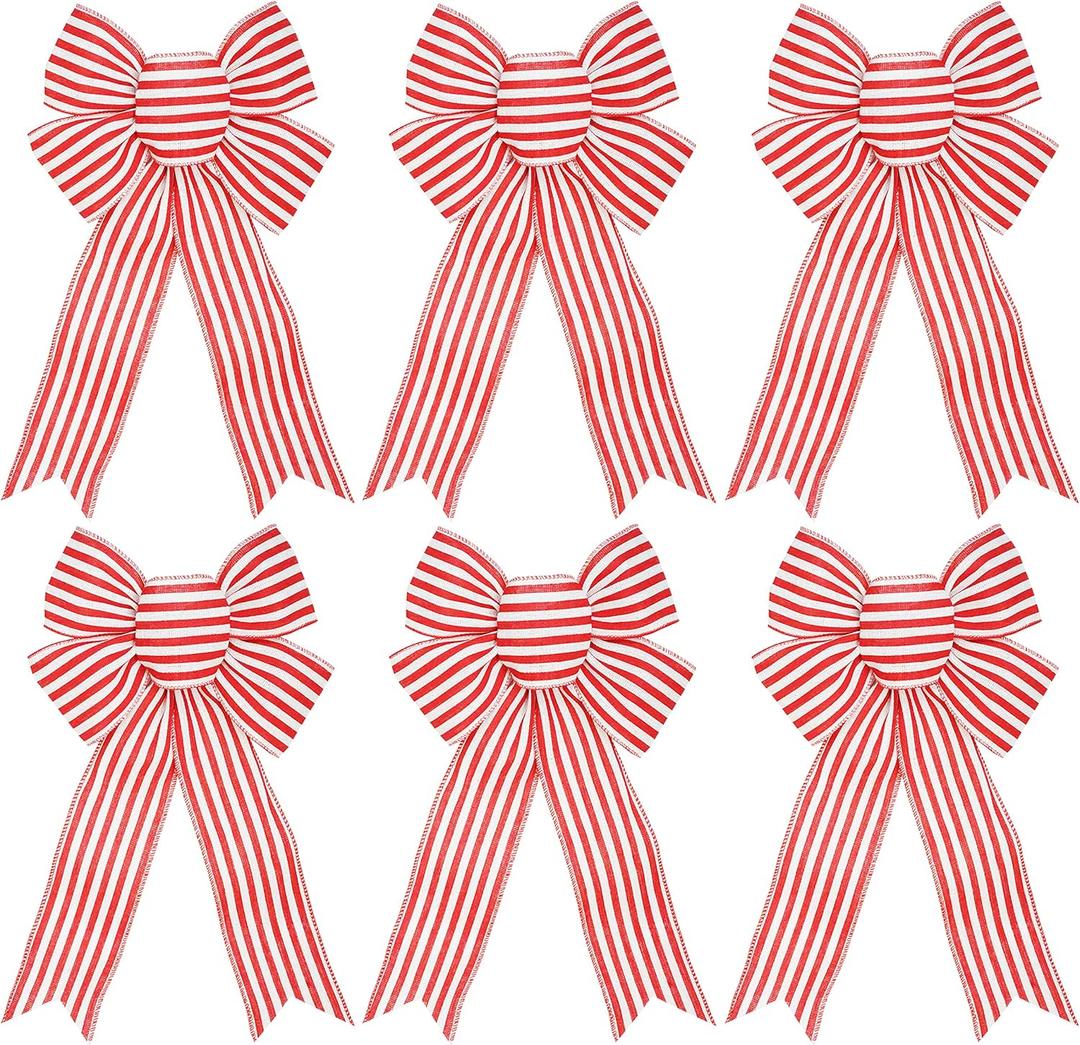 6pcs Red and White Striped Bows - 8 x 12.5 Inches, Christmas Tree and Gift Bows for Craft