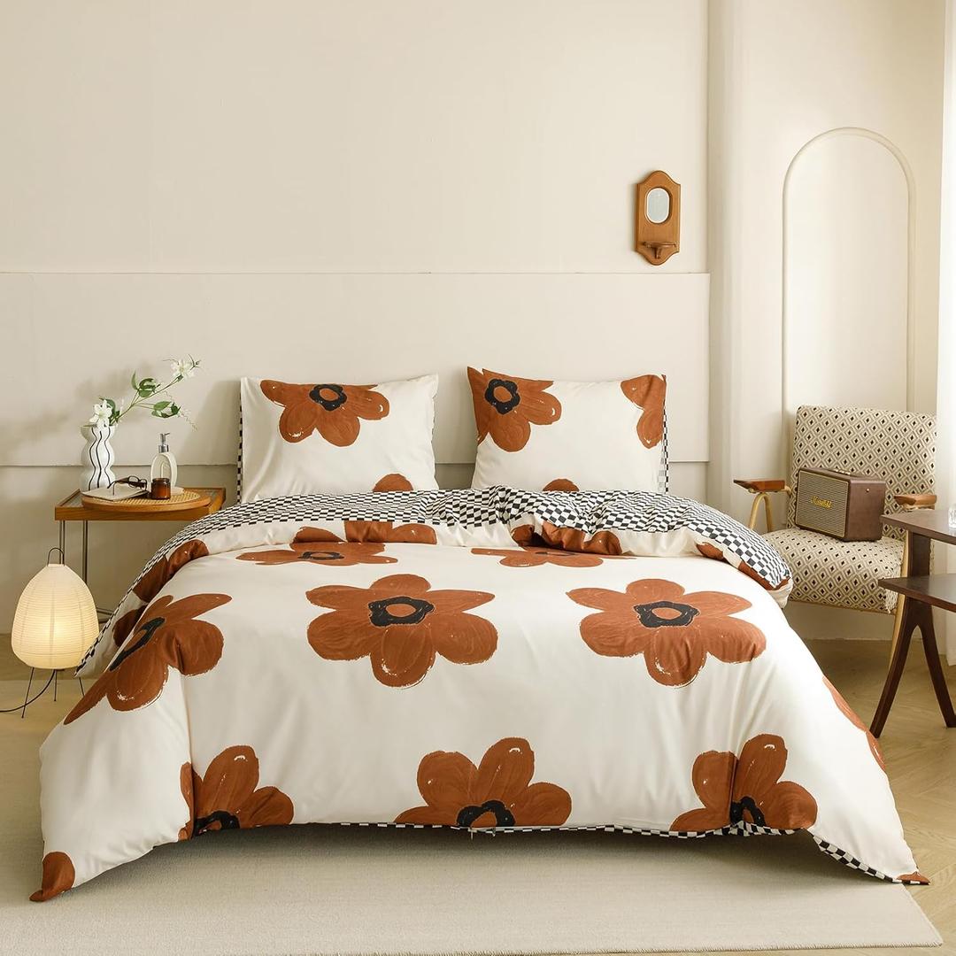 Cottonight Pumpkin Sunflower Comforter Set Brown King Women Girls Beige and Brown Floral Bedding Comforter Set Botanical Flowers Blanket Quilts Soft Breathable Cute Comforter