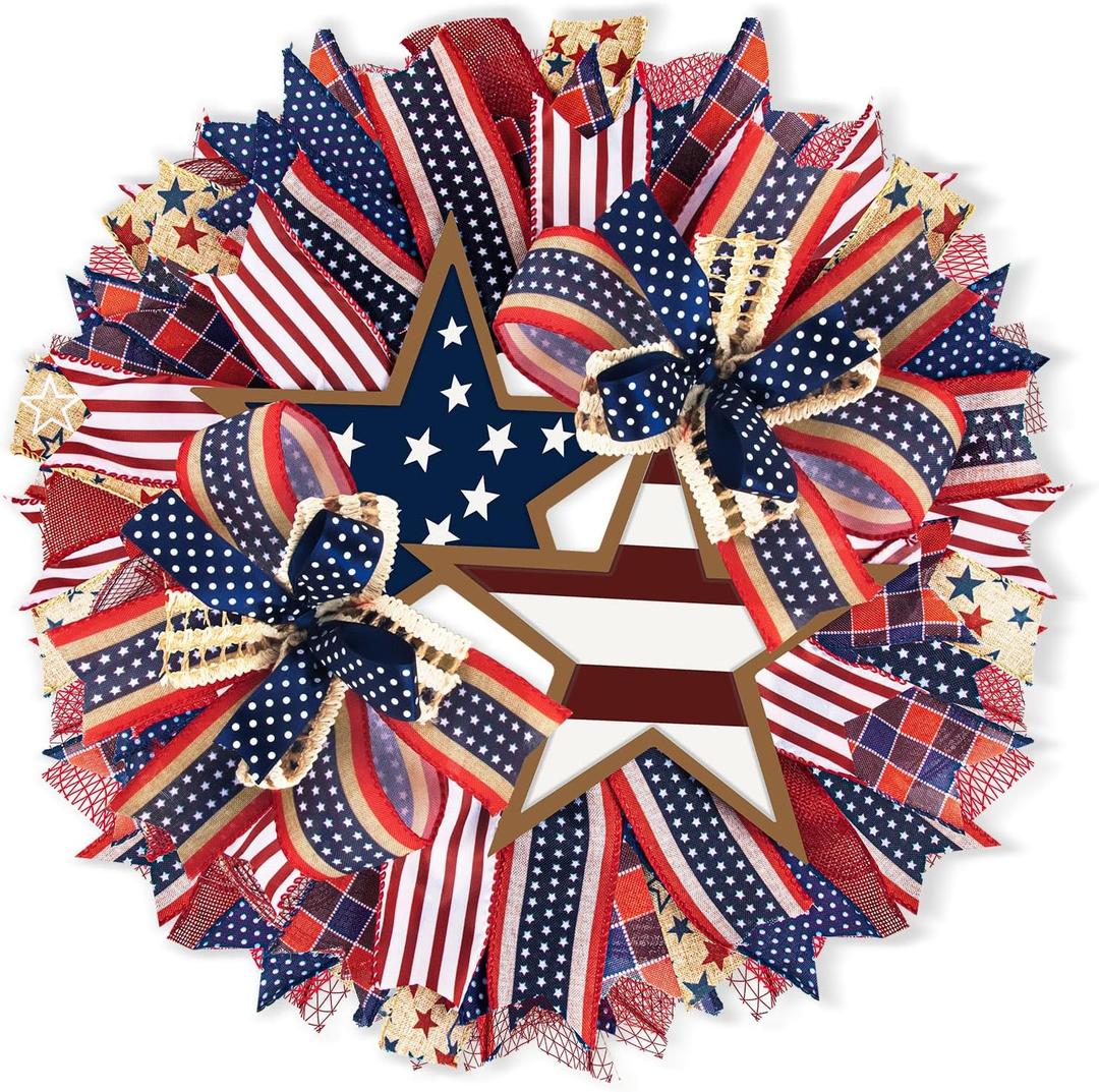 17.7 Inch Patriotic Wreaths for Front Door 4th of July Fourth Garland Memorial Day Wreaths American Flag Independence Day Garland for Indoor Outdoor Door Wall Holiday Decor Home