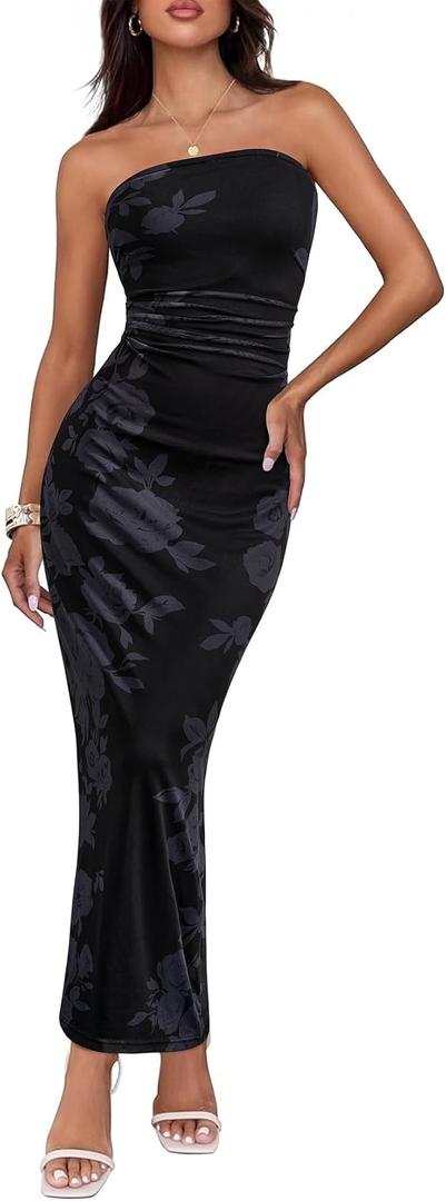 BTFBM Women's Floral Maxi Dresses Summer 2025 Strapless Tube Bodycon Mesh Layered Cocktail Party Wedding Guest Dress, Black, Size XL