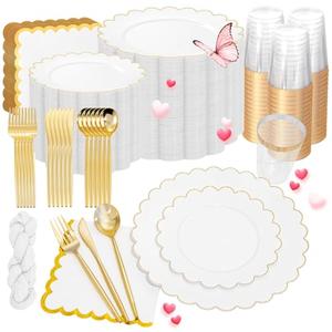 WONDERFUL 351pcs Upgrade White Plastic Plates - Plastic Dinnerware set with Fancy Gold Edges Includes 1 Table Runner 100 Disposable Plates 150 Silverware 50 Cups 50 Napkins for Wedding High End Party