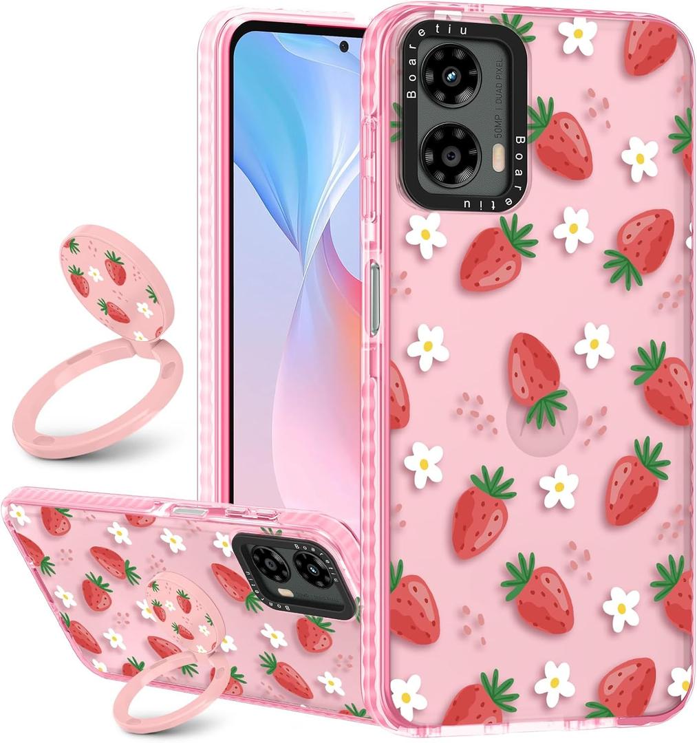 Boaretiu Cute Kawaii Case for Motorola Moto G 5G 2024 with Stand - Fashion Cool 360 Rotate Ring Holder Kickstand Design for Women Girls Boys Teens Girly Case for Moto G 5G, Strawberry