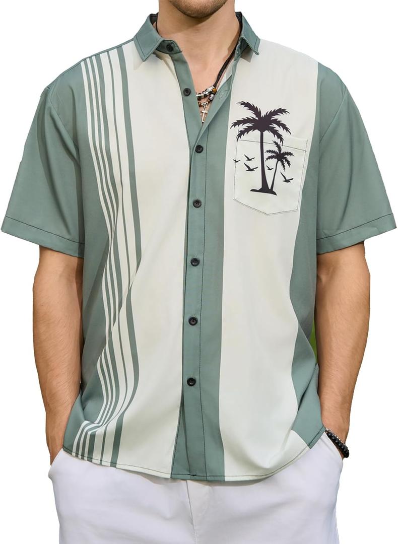Men's Bowling Shirt Short Sleeve Hawaiian Shirt Button Down Coconut Printed Summer Beach Casual Shirts (Orange, L)