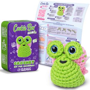 Cookie Box MINIs Crochet Kit for Beginners  Gift Set to Make Snail Dora Amigurumi Plushie  Easy DIY Crochet & Knitting Starter Kit with Printed Instructions & Step-by-Step Video Tutorial (Green and Pink)