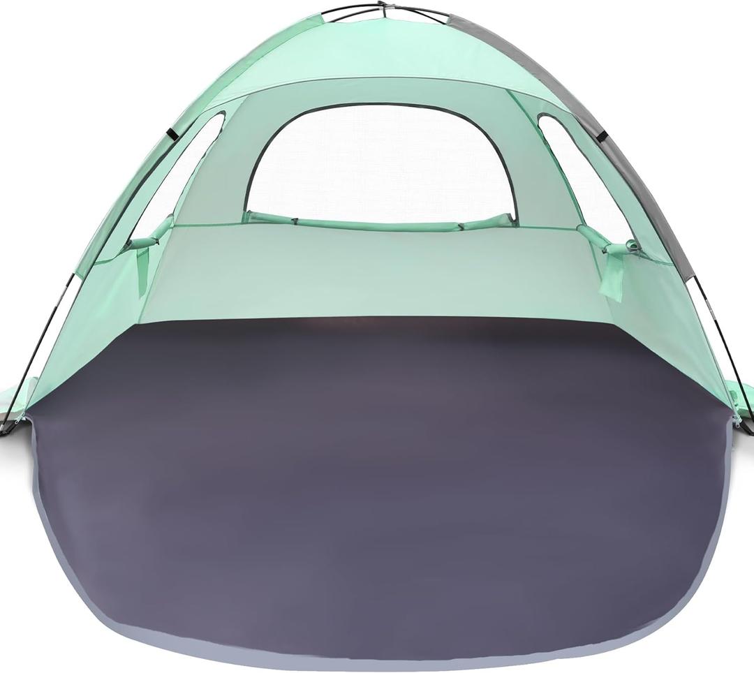 WhiteFang Beach Tent Anti-UV Portable Sun Shade Shelter for 6 Person, Extendable Floor with 3 Ventilating Mesh Windows Plus Carrying Bag, Stakes and Guy Lines (Mint Green) 106.3L*106.3W*63H (inch)