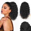 QGZ Drawstring Ponytail Extension 14 Inch Synthetic Wavy Curly Hair for Black Women Fluffy Pony Tail for Daily Use (Black)