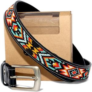 Unisex Genuine Leather Beaded Belt, Removable Buckle Cowboy Gift Belt 1.3" Wide, 34