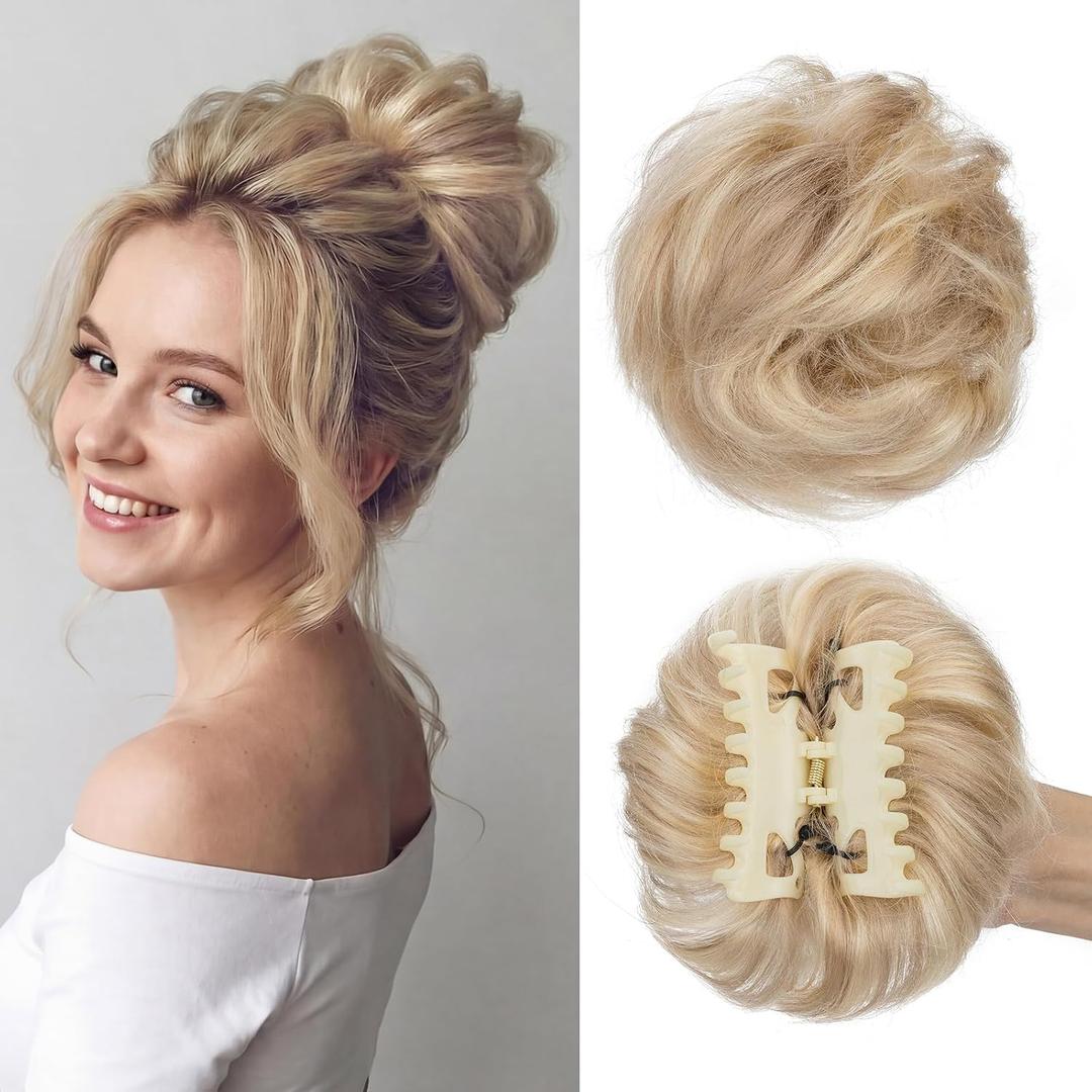 Curly Messy Bun Hair Piece with Claw Clip, Human Hair Bun Ponytail Extensions for Women, Wavy Curly Chignon Updo Pieces for Quick Styling, Natural Looking, 45g, Golden Brown Mix Bleach Blonde