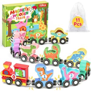 11 Pcs Magnetic Dinosaur Train Set Montessori Toys for 1 2 3 Years Old Toddlers Boys Girls, Wooden Dinosaur Preschool Learning Easter Basket Stuffers Sensory Toys Birthday Gifts Ages 1-3, 2-4
