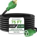 RVGUARD 3 Prong 30 Amp 75 Foot Generator Extension Cord, NEMA L5-30P/L5-30R 125V 10 Gauge SJTW Generator Power Cord with Cord Organizer, ETL Listed