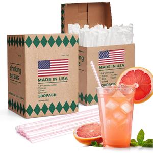 Glotoch Express 1000 PCS Individually Wrapped Plastic Straws, 7.75'' Long, 0.24'' Diameter Disposable Drinking Straws for Every Occasion, Party, Made in USA (White & Red Stripes)