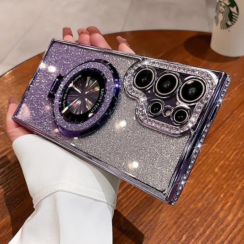 Magnetic Kickstand (Glitter Diamond Bumper) Case for Samsung Galaxy S25 S24 S23 S22 Ultra Plus (Compatible with Magsafe) Sparkling Cover Shiny Rhinestone Cases (Purple,for Galaxy S25)