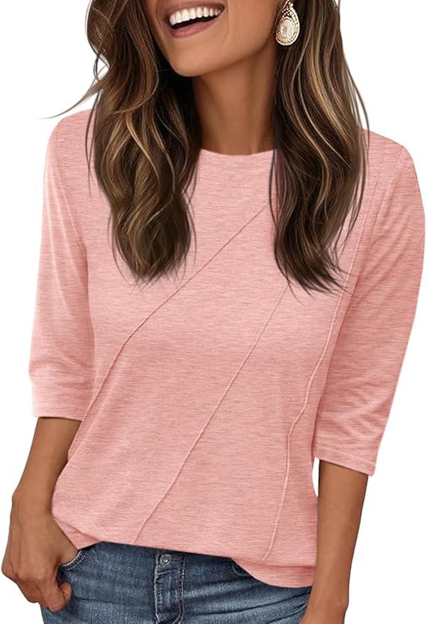 Tankaneo Womens 3/4 Sleeve T-Shirts Summer 2025 Crew Neck Blouse Dressy Casual Pleated Trendy Tops XL