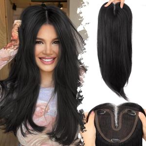 Eawwii Black Synthetic Hair Toppers for Women with Thinning 5x6 inch Large Base Coverage Clip in Wispy Bangs Upgraded Adjustable Bandage 24 Inch Long Layered