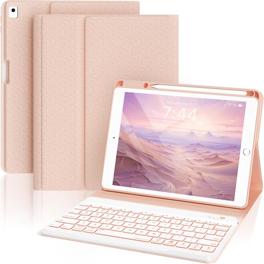 Keyboard Case for iPad 9th/8th/7th Generation, 7-Color Backlit Detachable Bluetooth Keyboard and Pencil Holder, for 10.2'' 2021, 2019, Air 3rd, Pro 10.5'', Rose Gold