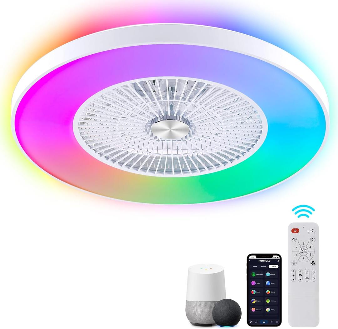 24" Bladeless Ceiling Fans with Lights and Remote/APP/Voice Control, Low Profile Ceiling Fan with RGB Lights, Enclosed Flush Mount Ceiling Fan for Kid's Bedroom/Living Room (White)
