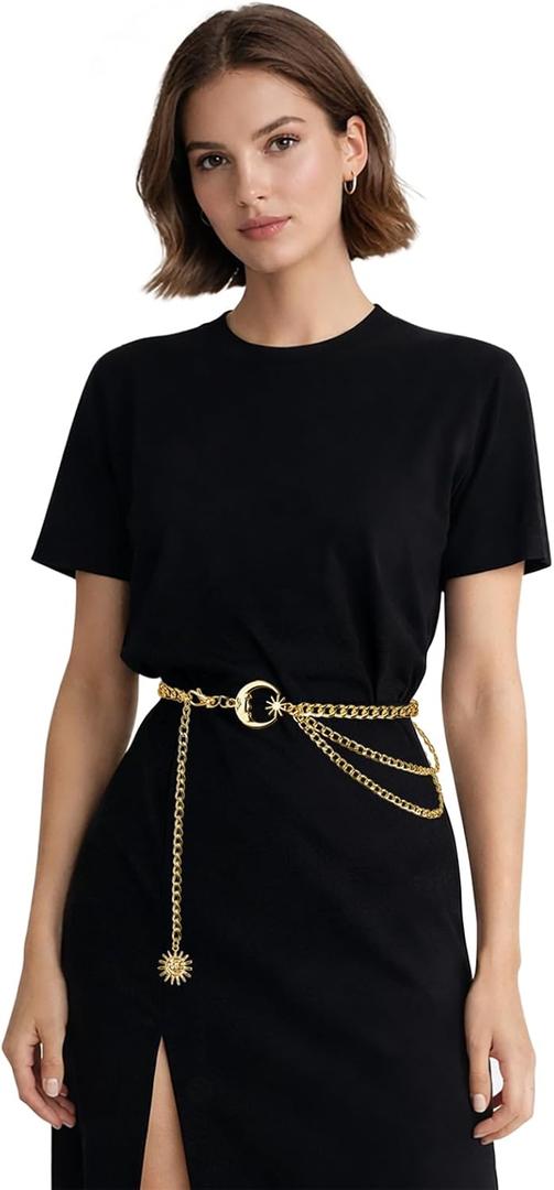 Gold Chain Belt for Women, Metal Waist Chain Link Belts for Dresses, Jumpsuit, Jeans, or Pirate Costume Accessories