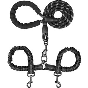 MingXpets Double Dog Leash, Dual Dog Leash, 360 Swivel Tangle Free Bungee Walking Training for Large Medium Dogs, Shock Absorbing Bungee Reflective for Two Dogs, 18~120 lbs, Black