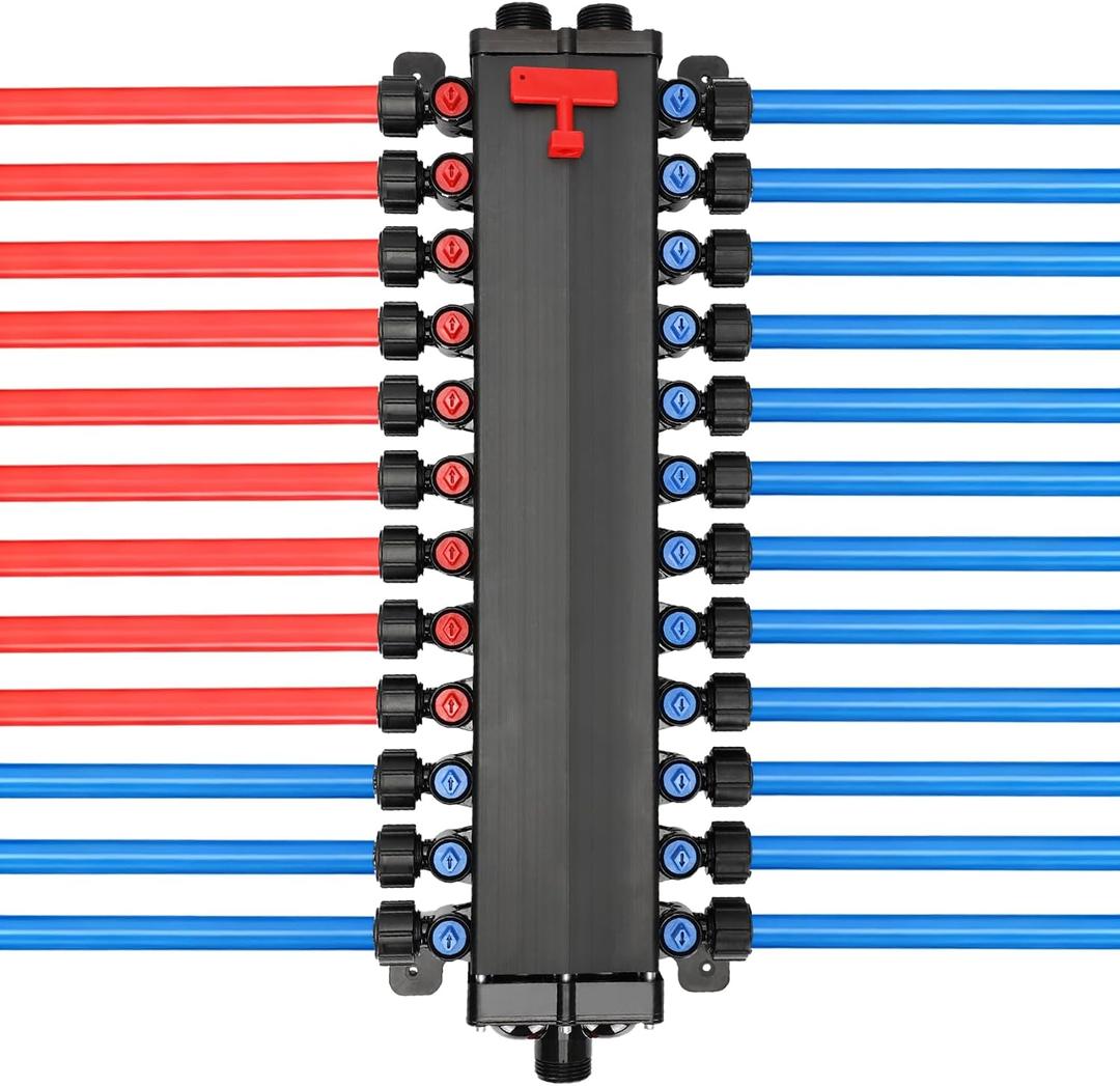 50243 Pex Manifold Compatible with Viega Manabloc, Homerun Distribution Pex Manifold with Valves, 1/2-Inch Zero Lead Poly Alloy PEX Crimp With 24 Ports Adapters(15 Cold, 9 Hot),Suitable for crimping.