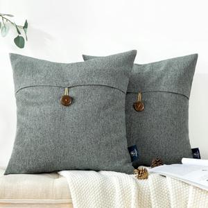 Phantoscope Pack of 2 Farmhouse Throw Pillow Covers Button Vintage Linen Decorative Pillow Cases for Couch Bed and Chair Gray 18 x 18 inches 45 x 45 cm