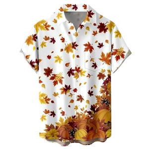 Mens Thanksgiving Shirt Pumpkins and Autumn Leaves Print Hawaiian Casual Button Down Shirts.S