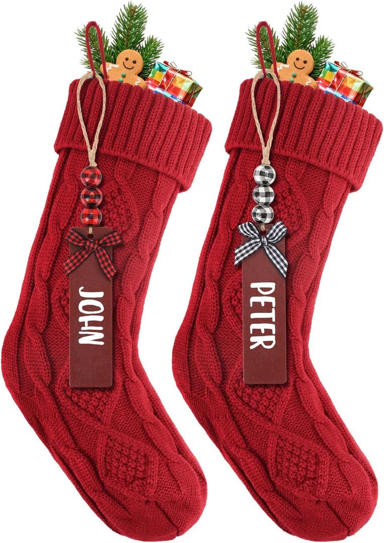 LumaBria 2PACK 18Inch Cable Knitted Personalized Christmas Stockings, Personalized Hanging Stockings for Holiday Party, Christmas Tree, and Family Home Decor in Red