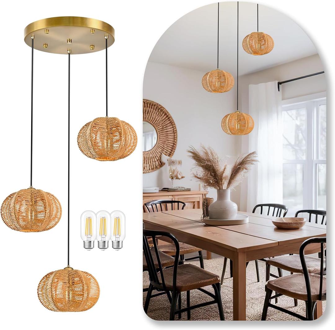 12" Boho Natural 3-Light Boho Chandeliers for Kitchen Island Hand-Woven Boho Rattan Chandeliers Dimmable Adjustable Hanging Chandelier for Dining Room Living Room HallywayBulb Incl.