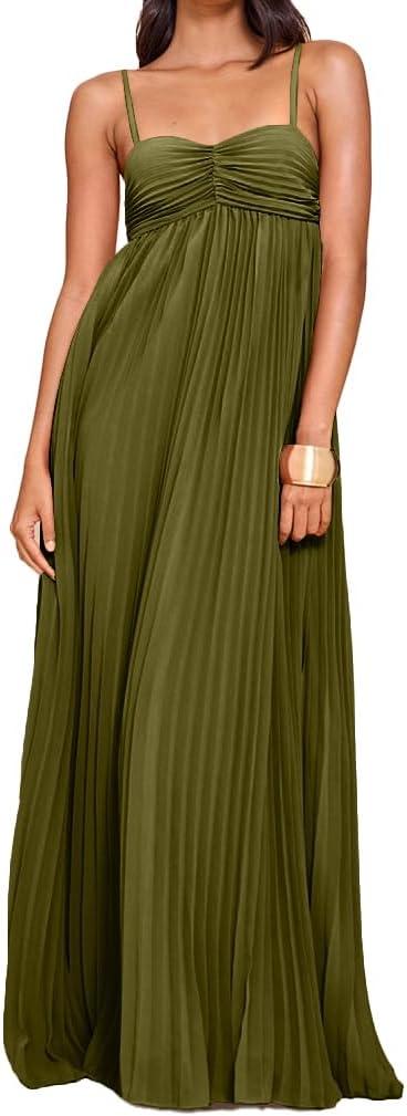 Women's Plisse Dress Adjustable Spaghetti Strap Maxi Solid Party Wedding Guest Dresses (Green, S)