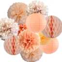 Pastel Orange Color Hanging Decorations Tissue Paper Flower PomPoms and lantern for Bridal Baby Shower Bachelorette Birthday Party Decor (Peach + Orange)