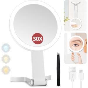 MIYADIVA Lighted Makeup Mirror, 30X Magnifying Mirror with Light and Adjustable Brightness, Hanging and Handheld Mirror with Handle, Portable Travel Makeup Mirror with Lights, Vanity Mirrors for Women (White)