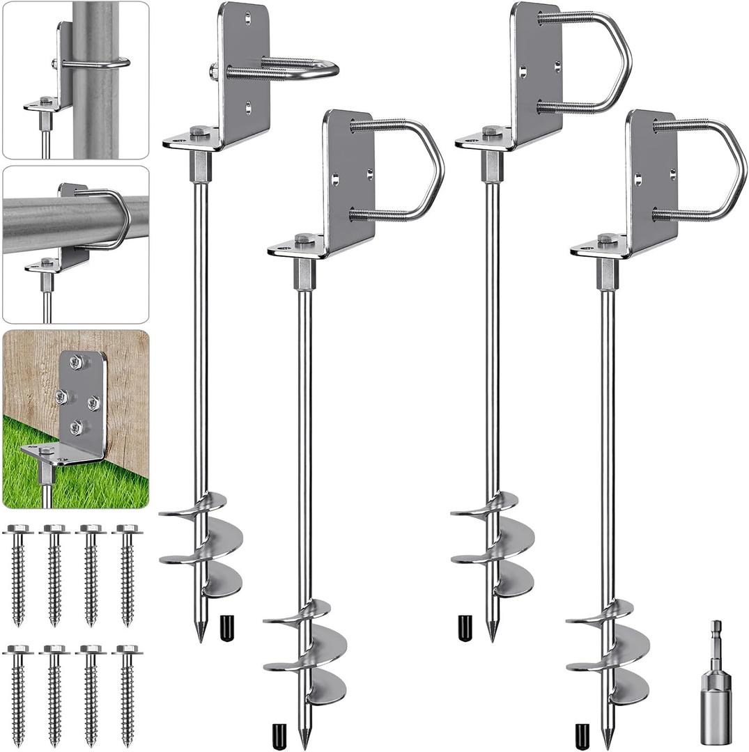 30" Heavy Duty Screw in Ground Anchors Kit, 3" Spiral Windproof Earth Anchors for Trampoline, Shed, Swing Set & Mobile Home, Fully Welded Steel with Nut Driver Drill Bit (Set of 4)