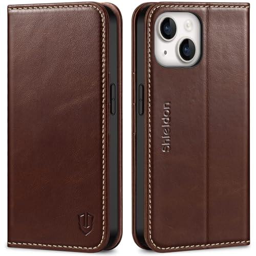 SHIELDON Case for iPhone 14 5G 6.1", Genuine Leather Wallet Case Flip Magnetic RFID Blocking Card Slots Carry-All with Kickstand Shockproof Cover Compatible with iPhone 14 - Retro Coffee