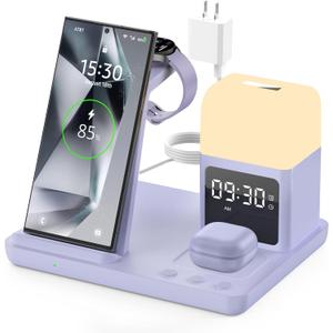 Wireless Charger for Samsung/Android Charging Station, 6 in 1 Fast Watch Charger with Alarm Clock-Night Light, Compatible for Galaxy S25 Ultra/S24/S23, Only for Samsung Watch7,Galaxy Buds3 Pro(Violet)
