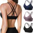 VEQKING Women's Cross Back Sports Bra Padded Strappy Medium Support Yoga Bra for Workout Fitness 3 Pack (Large, 3pack(black+navy Blue+purple))