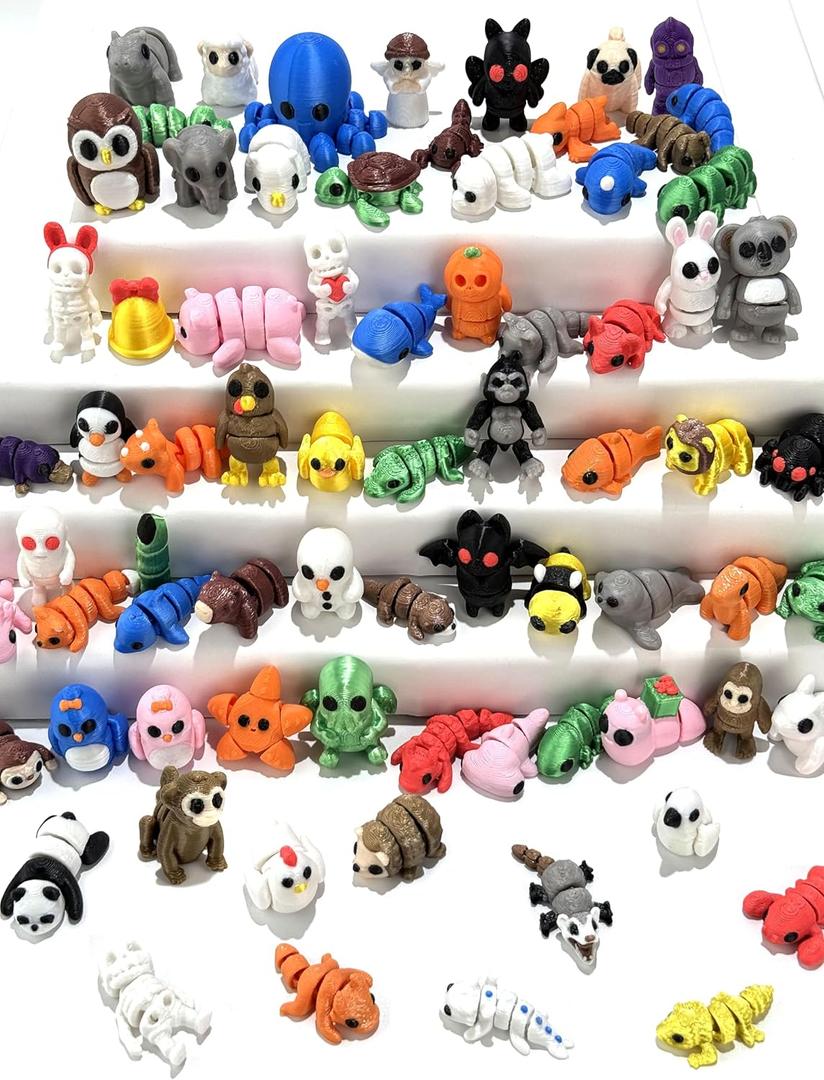66 Pcs Mini Random 3D Printed Animal Figurines Set, Flexible Articulated Fidget Toys,Surprise 3D Printed Animals Cute Desk Decor, Easter Christmas Party Favors, Classroom Rewards