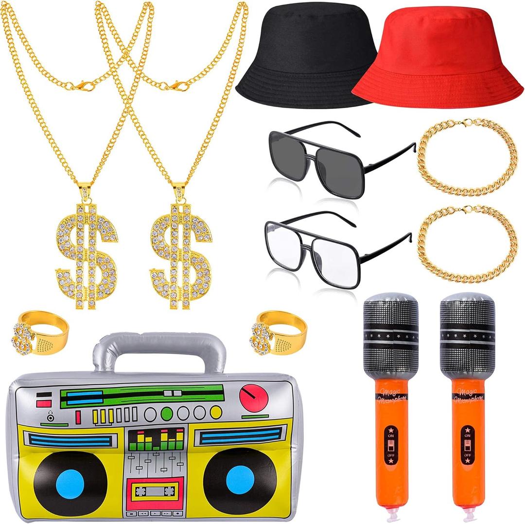 YAROMO 13 Pieces 80s 90s Party Decorations, 90s Hip Hop Costume Kit Rapper Accessories Includes Inflatable Boom Box Bucket Hat Gold Chain Ring